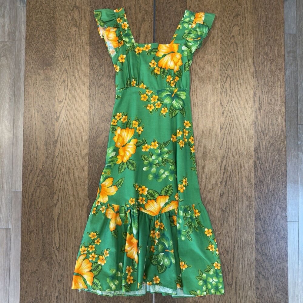 Vintage 70’s Royal Hawaiian Dress Womens M Green Yellow Hibiscus Cotton Smocked